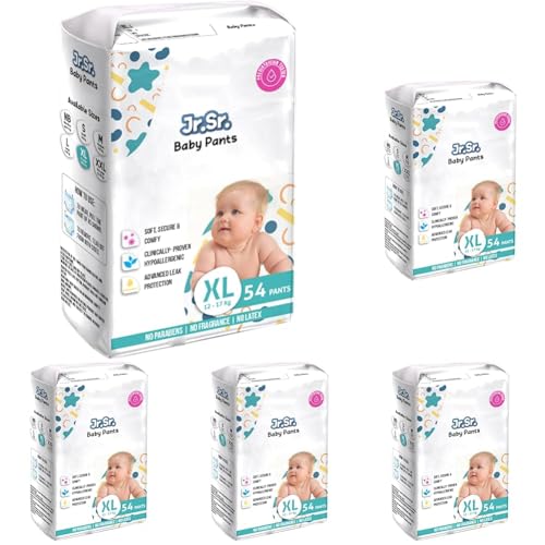 Image of Jr. Sr. Baby Diaper Pants | Extra Large (XL) Size (12-17 kg), 54 Count | Pack of 5 | Upto 12 hr Absorption with Advanced Leak Protection | Safe For Babies Skin | Soft, Secure & Comfy