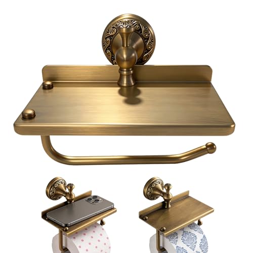 Vintage Toilet Paper Holder Brass Toilet Paper Holder Wall-Mounted Bathroom Accessory with Shelf Antique Brass Finish Ideal for Modern & Vintage Bathroom Decor