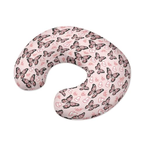 Image of Pink Butterfly Nursing Pillow Cover for BAB, Stretchy Breastfeeding Pillow Slipcover for Bottle Feeding, Easy to Clean Custom Gifts for Toddler Infant
