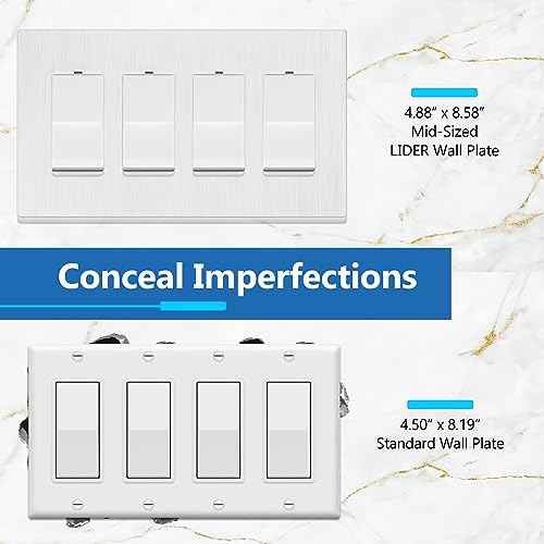 Image of LIDER Decorator Switch Cover, Screwless Wall Plate, Mid-Size 4-Gang 4.88 inch x 8.58 inch, LSWP-34M-BW, UL Listed, Thermoplastic, Brushed White, 1-Pack