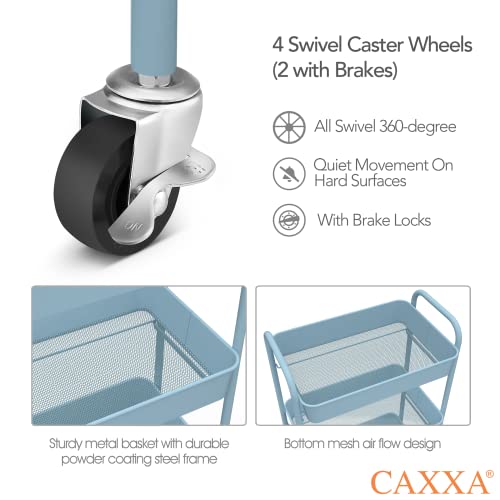 Image of CAXXA 3-Tier Rolling Metal Storage Organizer - Mobile Utility Cart with Caster Wheels, Blue