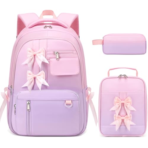Bevalsa Backpack for Girls, Bow Backpack for Kids with Lunch Bag & Pen Case