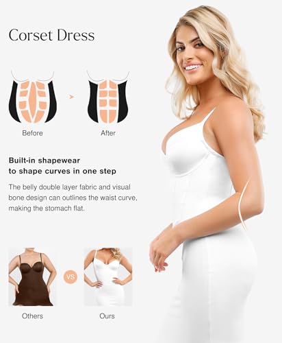 Image of Popilush Corset Dress Built in Shapewear - Formal Dress for Women Deep V Neck Maxi Slip Bridesmaid Dresses for Wedding