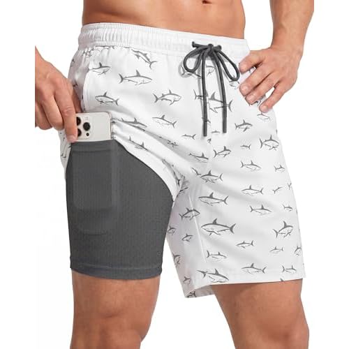 7 Inch Men Swim Trunks with Compression Breathable Liner Quick Dry Zipper Pockets for Pool Board Beach Cruise