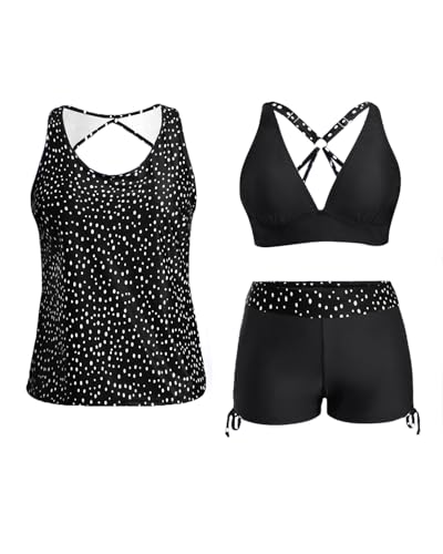 Image of Yonique 3 Piece Tankini Swimsuits for Women Swim Tank Top Bathing Suits with Boy Shorts and Bra Athletic Swimwear