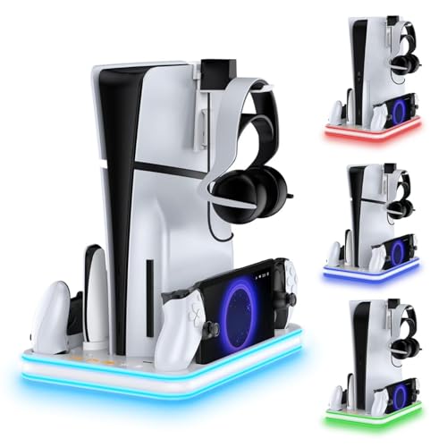 PS5 Slim Accessories Cooling Stand with RGB LED – DualSense & Edge Controller Charging Dock – Vertical Charging Base with USB Ports - White