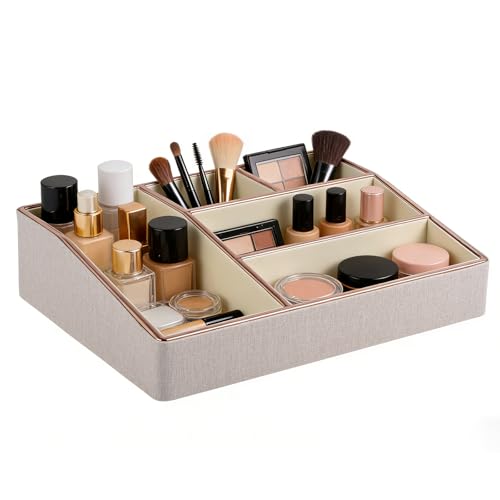 Image of PU Leather Makeup Organizer Tray,Large Vanity Organizer,Cosmetic Storage Box for Lipstick Brushes Skincare Perfume,Cosmetic Display Case Rose Gold-trimmed for Dresser,Bathroom Countertop(Beige)