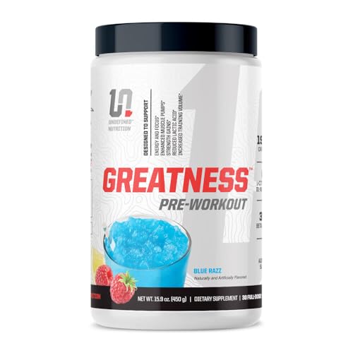 Image of Undefined Nutrition Greatness Pre-Workout by Brian Shaw (30 Servings) - 6 g Citrulline Malate & 3.2 g Beta Alanine for Better Pumps, Energy, Focus and Strength for Men & Women (15.9 Oz, Blue Razz)