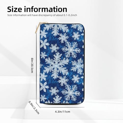 Leather Thin Slim Wallets for Women Men - Fashion Blue and White Snowflakes Print Card Wallet Holder with Zipper2