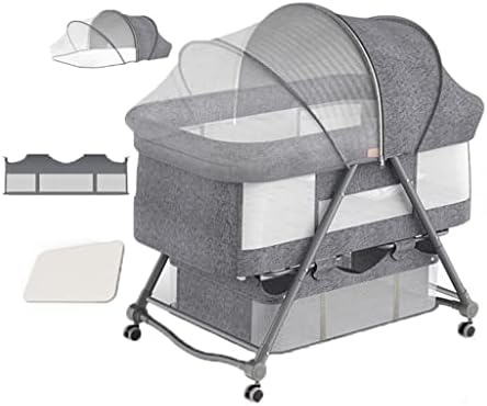 YCZHD Bedside Bassinet for Baby, Easy Folding Portable Crib with Storage Basket Bedside Sleeper with Wheel with Mosquito Nets Large Storage Bag for Infant/Baby/Newborn(Size:Grey)