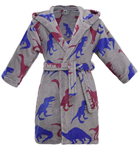 Bathrobe for Kids Little Boys Girls Toddler Hooded Bathrobe Robe ,Red Blue Dino-Grey,L(Ages 7-9)