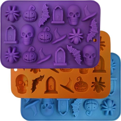 Image of Halloween Molds Silicone for Chocolate 3 Pack, 3D Halloween Chocolate Candy Gummy Mold Skull Pumpkin Bat Ghost Witch Hat Spider tombstone Shapes Mold