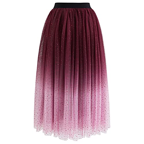 CHICWISH Women's Purple/Burgundy/Pink Festive Sparkle Ombre Tulle Midi Skirt