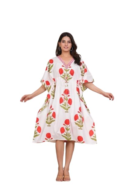 TBF Women's Kaftan Nightdress with Drawstring Waist – Cotton V-Neck Floral Printed Lounge Wear for Sleep & Relaxation – Comfortable Free Size Nighty (White with Red Flowers)-image-20