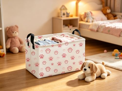 Image of Essme Rectangular Pink Baskets,Dog Basket with Handles for Room Decor, Book Bins,Shelf Basket.(Pink Dog