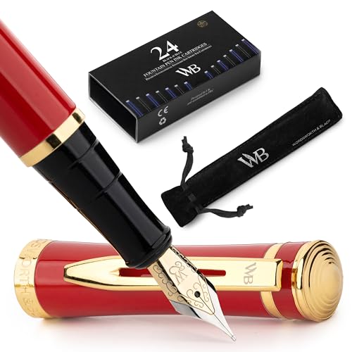 Image of Wordsworth & Black Luxury Fountain Pen Set for Writing, Medium Nib, Red | Gift for Men & Women, Brass Body, 18K German Iridium, Calligraphy, Converter + 24 Ink Cartridges, Refillable, Leak-Free