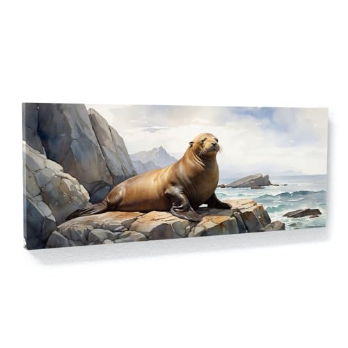 Sense Canvas Lienzo decorativo con diseño de león marino Serene Rocky Perch 48, decoración del hogar, póster pequeño de 20 x 8 pulgadas