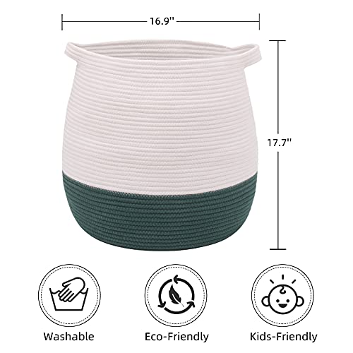 Childishness Ndup Large Cotton Rope Basket, Woven Storage Basket For Toy, Laundry And Blanket Organizer Basket, Round Hamper Basket With Handles For Kid's Room 17.7"X16.9" (Green) #TOP1