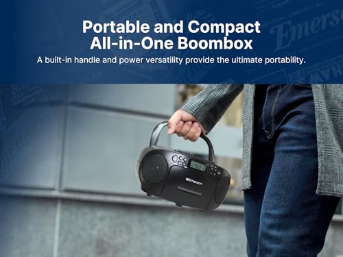 Emerson Portable CD Player Boombox with Cassette Player Combo, Tape Recorder, AM/FM Radio, AUX, Headphone Jack, Dual Speakers, AC/DC & Battery Operated - Stereo System for Home, Indoor & Outdoor Use - Thumbnail 6