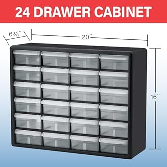 Akro-Mils 24-Drawer Plastic Drawer Storage Cabinet for Garage Organization, Bead Organizer, Building Bricks Storage, Teacher Toolbox, Makeup Organizer, 20" W x 6" D x 16" H, 10124 Red