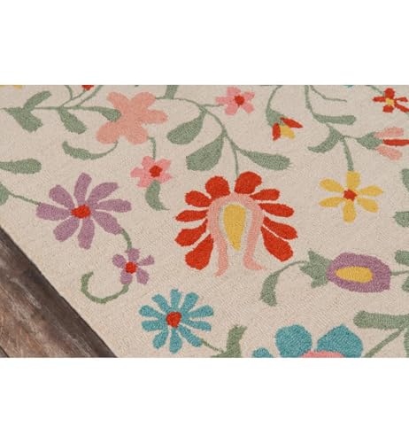 Image of Floral Pattern Wool Carpet with Loop Texture Yarn Anti Shedding Carpet Size 10x14 Feet A3 Ivory & Multi