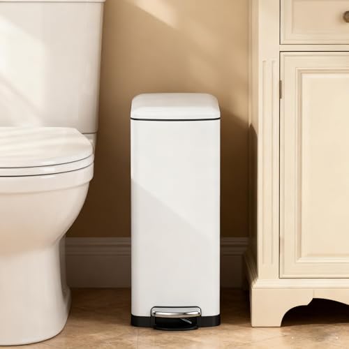 Image of GarveeHome 8 gal Slim Rectangular Stainless Steel Trash Can with Soft Close Lid and Removable Bucket for Kitchen, Bathroom, Office, White