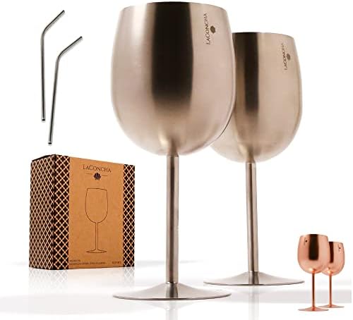 Wine Glasses - 12 oz Stemmed Stainless Steel Tumblers for Indoor and Outdoor Events - 2 Piece Wine Goblet Set with 2 Reusable Straws - Unbreakable Drinking Glass for Cocktails - Gift for Women and Men