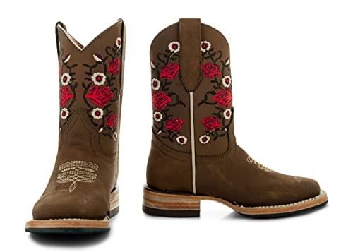 Soto Boots K3009 Girls Red Rose Square Toe Cowboy Boots (Tan,9) #TOP1