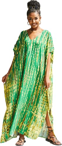 RanRui Beach Cover up Caftan Women's Rayon Caftans Vneck Ethnic Print Kaftan Plus Size Caftan Dresses Over Sized Loose Bathing Suit Coverup Maxi Beach Dress 730-19 (A-Green&Yellow)