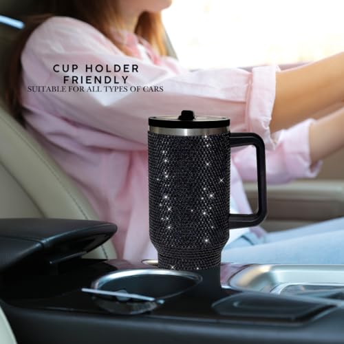 Image of 40 Oz Rhinestone Tumbler with Handle and Flip Straw | Insulated Stainless Steel Double Layer Bling Tumbler | Leak Proof Glitter Tumbler for Women | Reusable 1200ml Travel Bling Cups Black