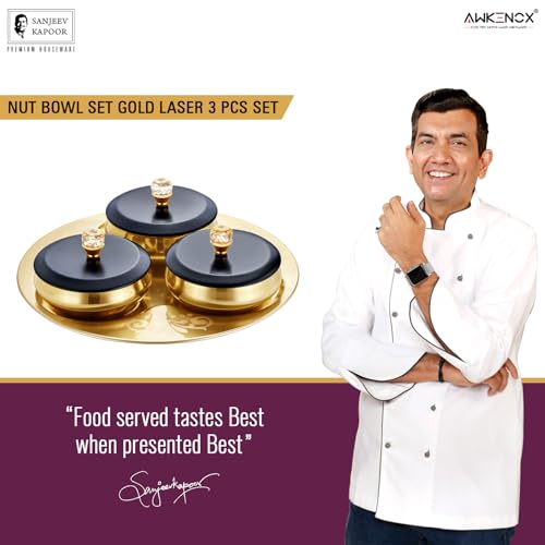 Image of Sanjeev Kapoor Stainless Steel Diamond Nut Bowl Serving Set 7 Pcs | 3 Bowls with 3 Lids and 1 Tray | Elegant Storage & Serving Bowl Set for Dry Fruits, Snacks, and Festive Use