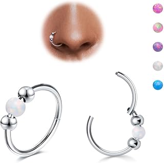 2Pcs 18G Opal Nose Rings for Women, 8mm/10mm C-Shaped Clicker Nose Hoops, Small Synthetic Opal Stone Titanium Hypoallergenic Body Jewelry for Nose Septum Cartilage Piercing