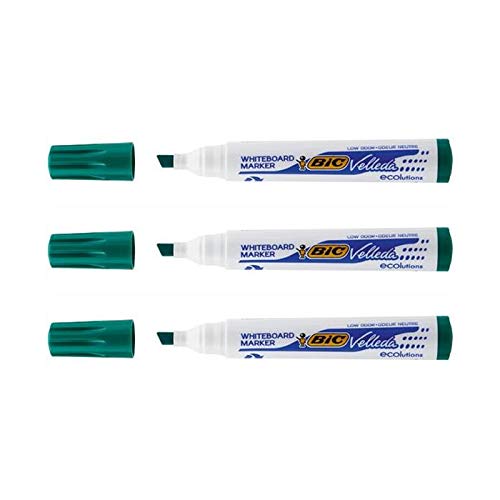 VELLEDA 1751 ECOLUTION - Lote de 3 rotuladores de pizarra blanca borrable en seco con punta biselada grande, color verde