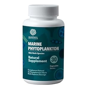 MARPHYL Marine Phytoplankton Supplement, 30 Vegan Capsules, Wild Multi Species Natural Micro Algae with DHA, EPA, Chlorophyll, Antioxidant and more. 150 mg per Serving