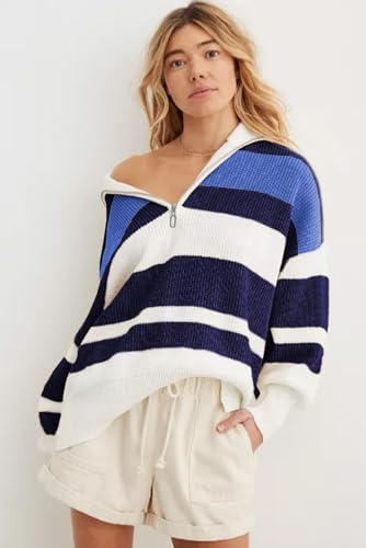 Image of EVALESS Striped Sweaters for Women 2024 Casual Long Sleeve Lapel V Neck Quarter Zip Pullover Sweater Ribbed Knit Jumper Tops