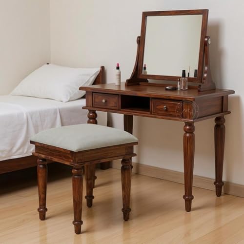 Image of NSH Sheesham Wood Square Top Seating Stool with Cushion | Elegant & Premium Handcrafted Side Table | Multipurpose Footrest, Portable Stool for Living, Bedroom & Lounge | Honey Finish, 1 Wooden Stool