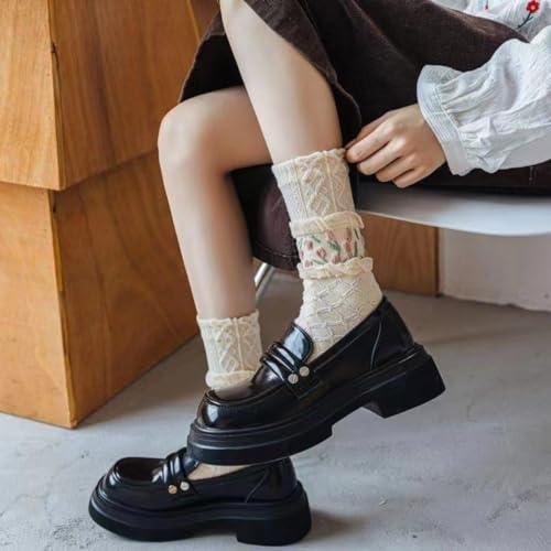 4 Pairs tulip Cute Socks, Women's Lace Ruffles Ankle Casual Sock, Cottagecore Breathable Mid Tube Socks, Floral Crew Socks4