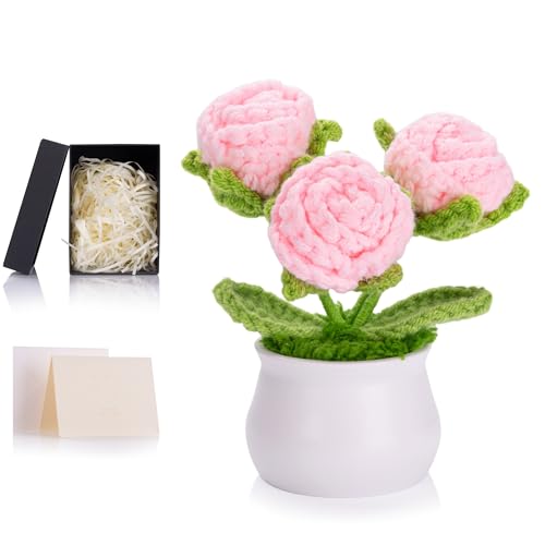 MAIBAOTA Pink Roses Crochet Flowers Knitted Handmade Flower Potted Plants Bouquet Artificial Faux Flowers Home Office Desk Decor Decorations Valentine's Day Gifts for Women