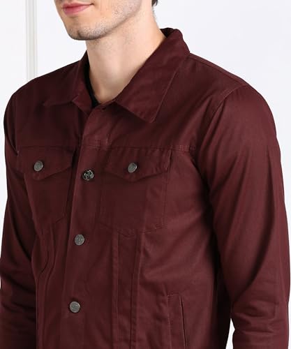 Image of MONTREZ Men Spread Collar Washed Lightweight Casual Denim Jacket (Maroon)