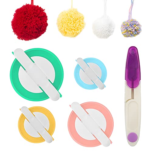 BRIMFULITE Pompom Makers 4 Sizes Pom Pom Machine Tool Set for DIY Wool Yarn Knitting Craft Project, with Scissors (Green,Blue,Pink,Yellow)