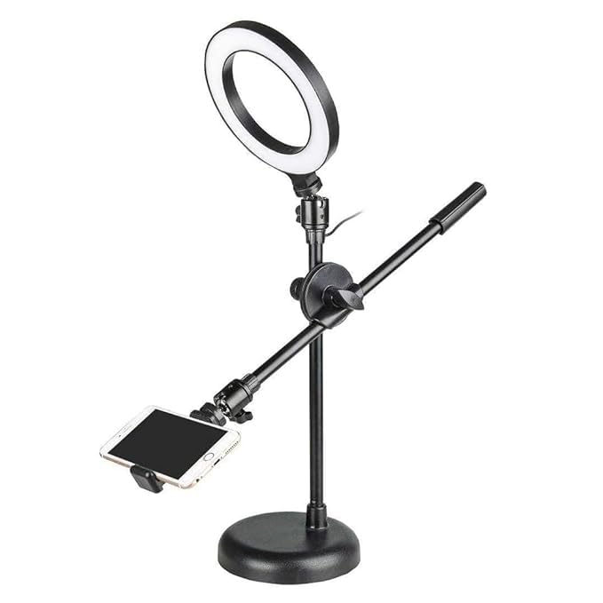 Image of Overhead Shooting Tripod Stand with 16cm USB LED Ring Light & Mobile Holder, Adjustable Overhead Stand for Phone | Ring Light Tripod for Flat Lay Photography, Cooking Videos, YouTube & Vlogging
