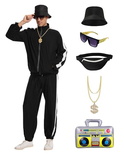 rumnigh 80s 90s Outfit for Men Tracksuit Costume, Hip Hop Outfit Set Vintage Beach Tracksuit for Themed Disco Party Costumes (Pure Black, Large)