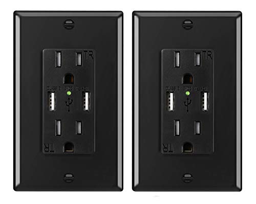 2 Pack USB Wall Outlet Black, ANTEER 4.2A/5V Dual USB Outlet 15A/125V TR