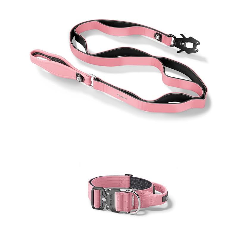 Bullyion ® Original Equipment Progressive Ladder Lead 1.4m & Tactical Dog Collar - Softcell Padding – Lockforce Fastening Buckles – Multiple Handles (WIDTH- 5 cm SIZE- LARGE, COTTAGE PINK)