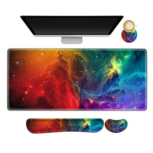 Image of ARTSO Extended Gaming Mouse Pad Set, Keyboard Wrist Rest Support Pad + Wrist Cushion + XXL Large Mouse Pad + Coaster, Stitched Edge, Non-Slip, Memory Foam Desk Mat, Color Nebula Galaxy