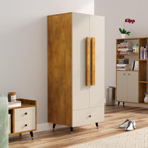 Image of Bniture Wooden Almirah for Clothes, Door for Bedroom, 2 Door Wardrobe with Drawer & Hanging Space (45D x 60W x 150H CM) | 3 Year Warranty (Giant Wood & Frosty White)