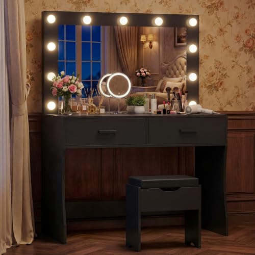 Image of YESHOMY Vanity Desk with Lighted Mirror,11 Lights,2 Drawers Makeup Table