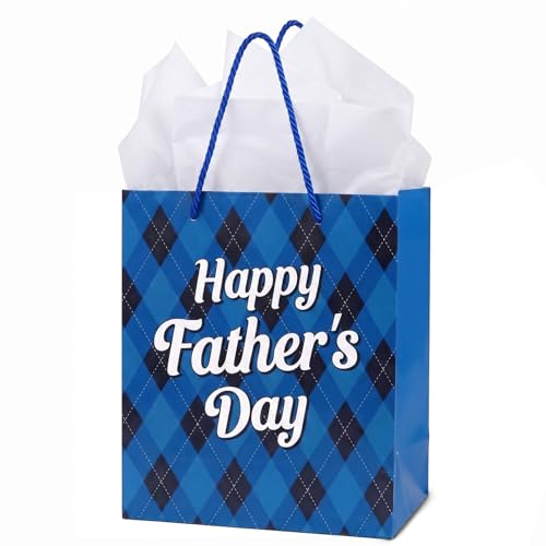 Happy Fathers Day Gift Bag Blue Gift Bag for Dad with Tissue Paper Fathers Day Present Gift Wrap Small Medium (Blue Plaid-Pattern)