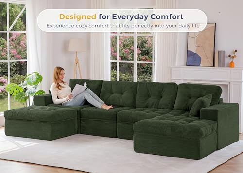 Image of MAXYOYO 132 inch U Shaped Modular Sectional Sofa with 2 Ottomans, Cloud Boneless Couch with Layered Cushion, Flexible Module Combination Sofa for Living Room, No Assembly Required, Dark Green