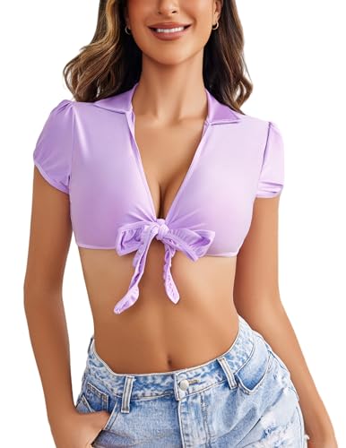 Image of Avidlove Tie Front Crop Top for Women Deep V Neck Shirt Short Sleeve | Y2K rave outfit, adjustable coverage, soft stretch feel for festivals, beach trips, date night cosplay shirt